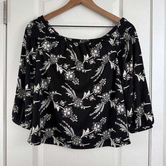 Ann Taylor Women's Black White Floral Off The Shoulder Blouse Top Size S Petite - Picture 2 of 11